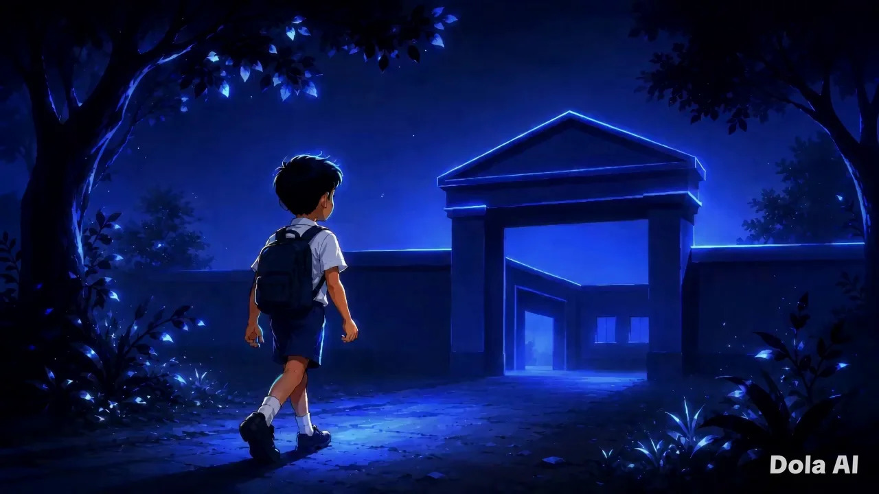 A student approaching a luminous portal